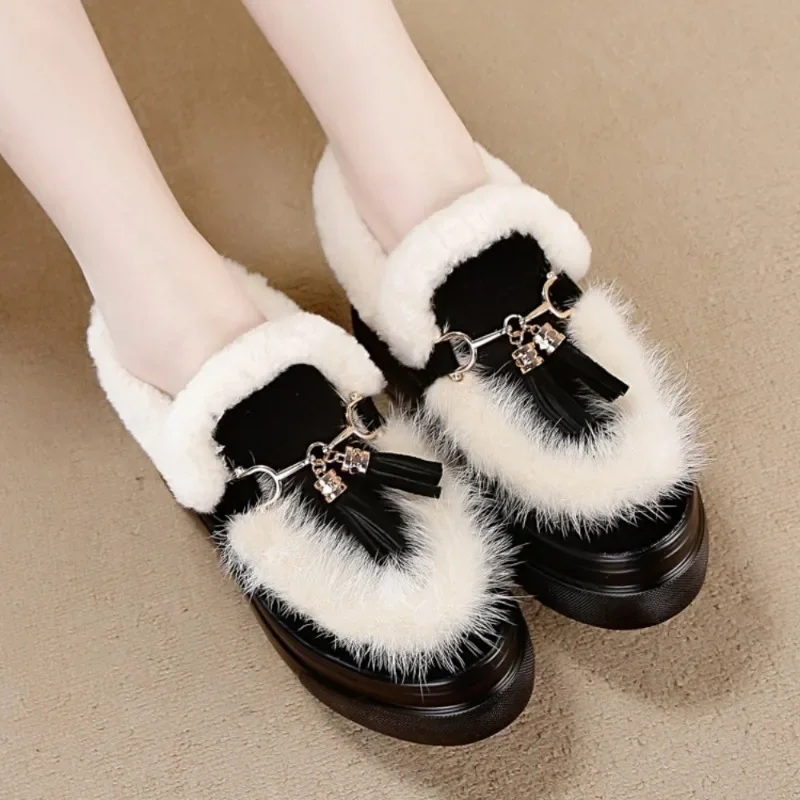 New Winter Women's Shoes Boken Shoes Plush Fashion Retro Bean Shoes Cotton Women's Flat Sole Slippers Platform Women Boots