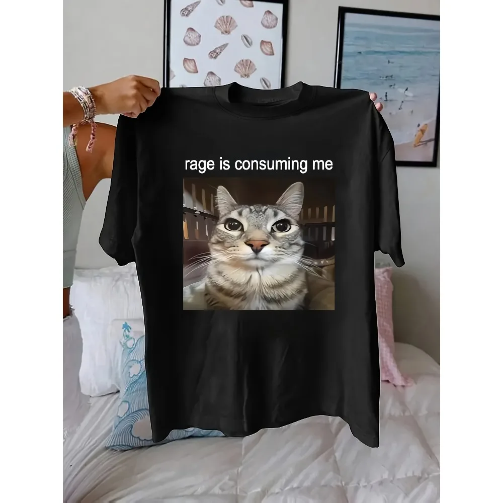 Women'S T-Shirt with Cat Expression Print Crew Neck Short Sleeve Playful Design  elegant casual top harajuku Kawaii Y2K Clothing