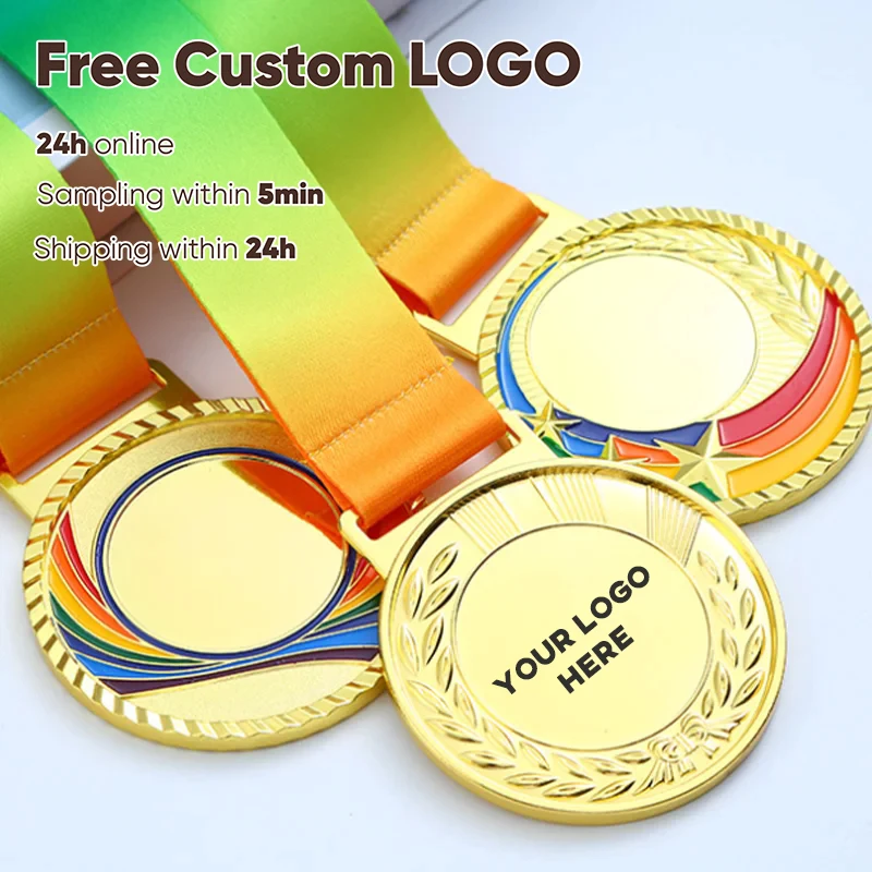 Free Customized Logo Metal Award Medals with Neck Ribbon Gold Silver Bronze Style for Sports Academics or Any Competition 65mm