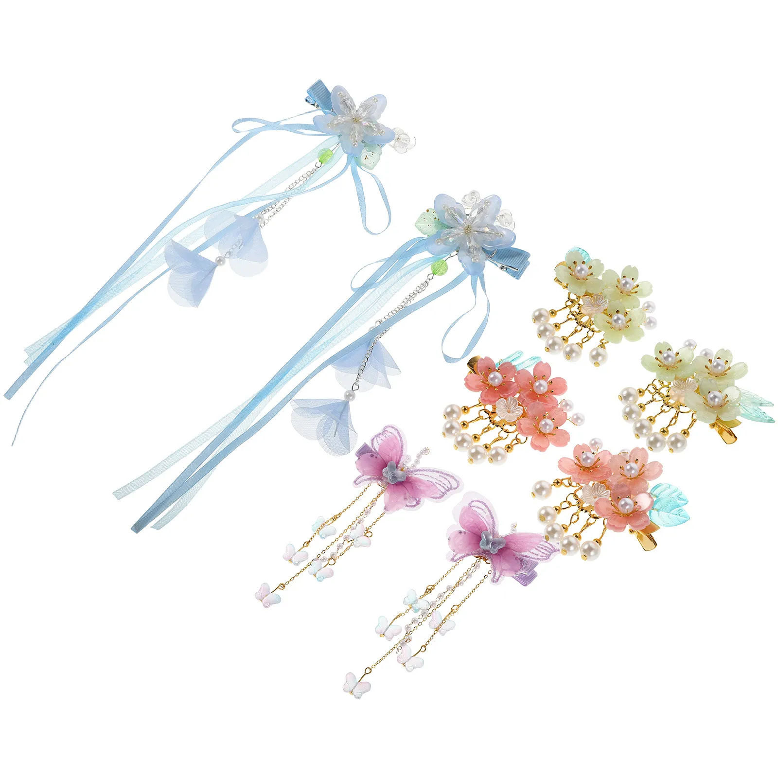 4Pairs Ancient Hanfu Hairpins Chinese Style Floral Tassel Butterfly Hair Clips Elegant Stage Performance