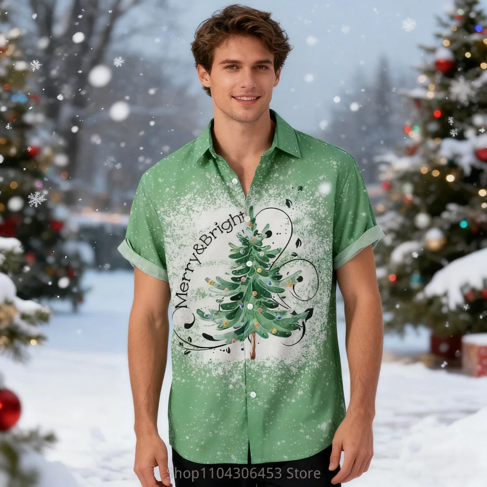 New Men's Christmas Element Short-sleeved Shirt Santa Claus New Year Cartoon 3D Digital Printing Shirt Spring and Autumn Men's