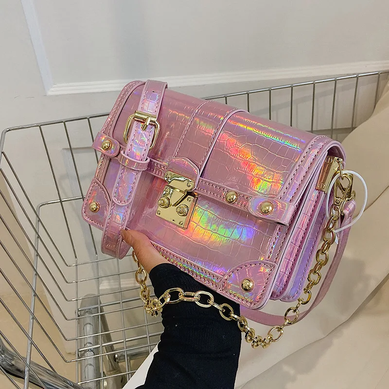 New 2025 Korean Laser - Riveted Small Square Bag - Trendy Chain Design, Versatile for Crossbody & Shoulder