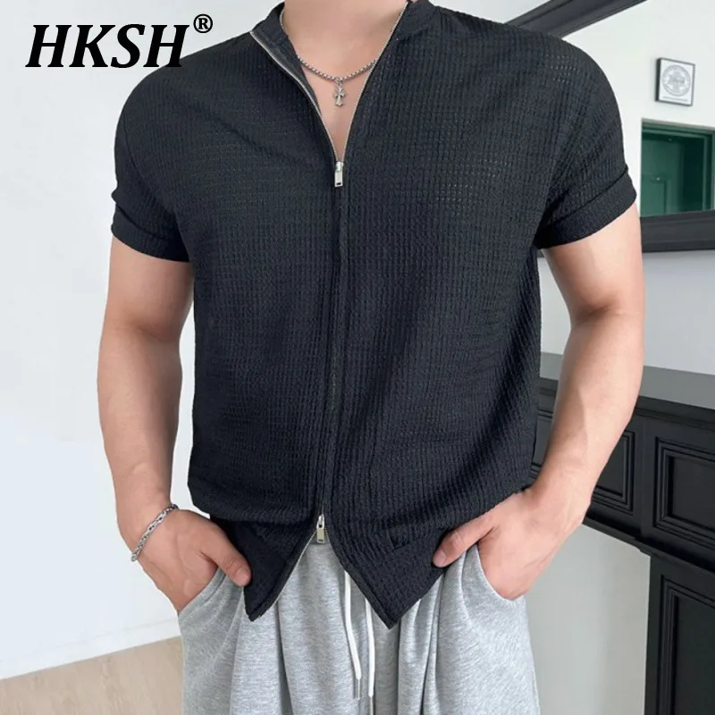 

HKSH Summer New Men Ins Tide High Street Original Design Punk Casual Slim Fit Double Zipper Cardigan Short Sleeve T-shirt HK5140