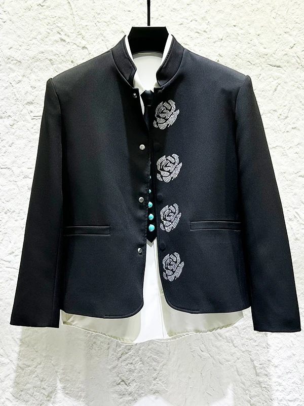 

Black Short Fashionable Rose Rhinestone Stand Collar Men's Jacket New Chinese Style Zhongshan Suit Tailored Design Urban Wear
