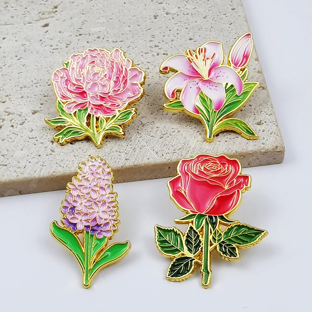 Graceful Floral Badge Brooch Pins Cartoon Rose Flower Lily Peony Flower Lily Enamel Collar Lapel Pin Accessory Costume Ornament