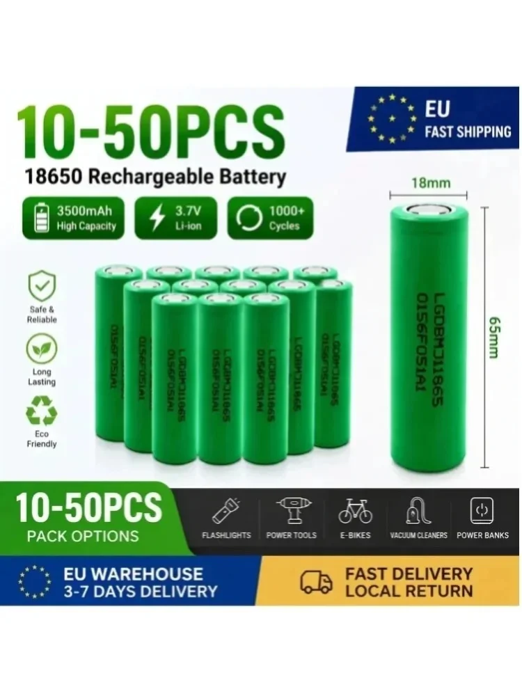 3500 mAh MJ1 18650 Akku, 3,7 V Li-Ion, wiederaufladbar, flacher Anschluss, hohe Kapazität für Taschenlampe, Powerbank, EU-Lagerbestand