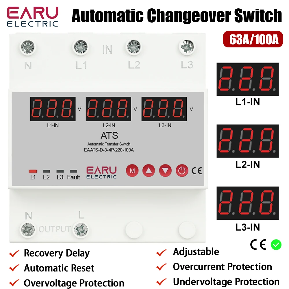 

Three Phase Four Wire Adjustable Over And Under Voltage Protector 3way Power Switching 220V Automatic Recovery Protective Device