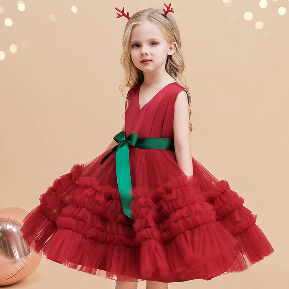 Fluffy Christmas Girl Party Dresses Bow Birthday Bridesmaid Princess Dress for Girls Children Costume Wedding Prom Lace Vestidos