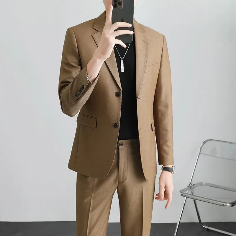 Men's Casual Suit Set Korean Style Slim Fit High End Fashion Business Daily Wear Blazer Pants Outfit