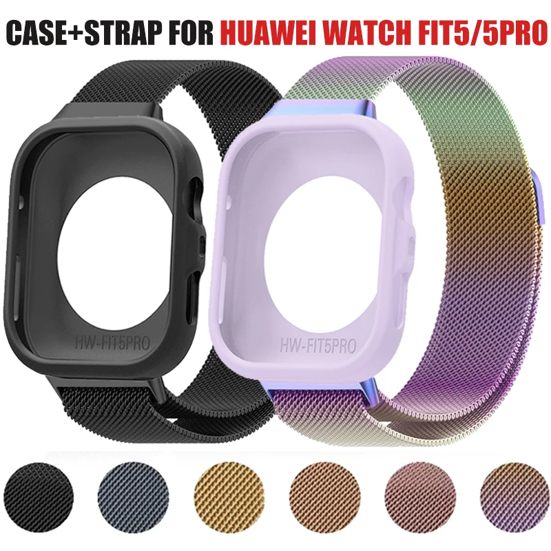 2-in-1 Candy Soft Case + Milanese Loop Armband für Huawei Watch Fit 5, magnetisches Metallarmband für Huawei Fit 5 Pro, Armband-Zubehör