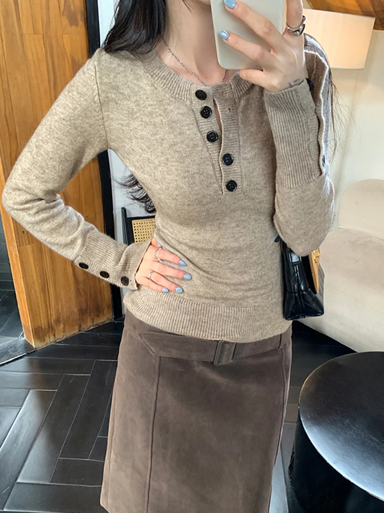 Slim Fit Knit Sweater Women Autumn Winter Button Vintage Office Lady Pullovers Long Sleeve Solid Simple Retro Bottoming Jumpers