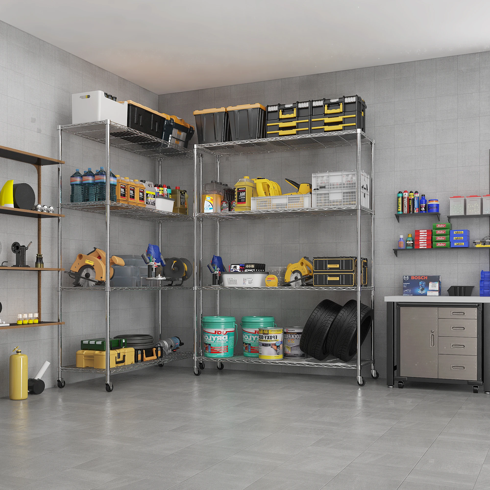 4‑Tier Storage Shelf Mobile Wire Metal Storage Unit Living Room Furniture for Garage Tool Equipment Utility Organizer