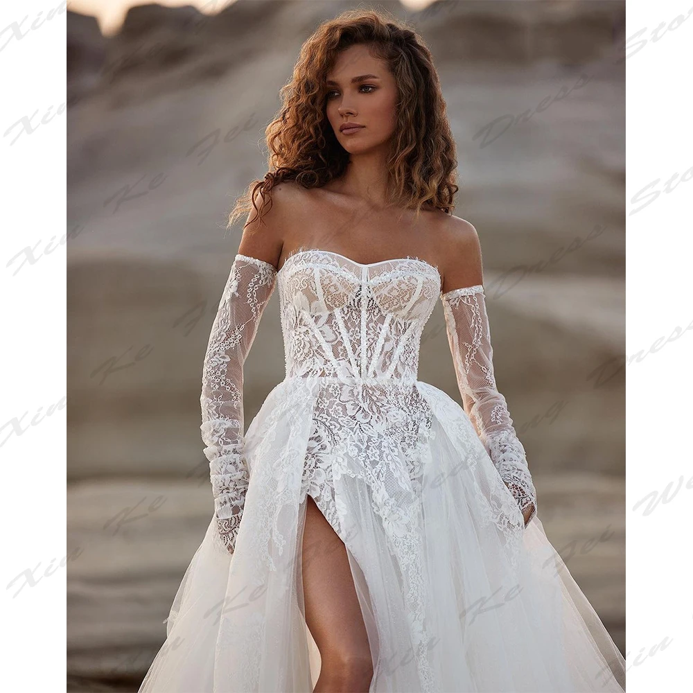 Robe de mariée sirène A-ligne avec appliques en dentelle, robe de mariée sexy, manches longues, évasement initié, haute fente, Icidal Sion, sur mesure, élégante