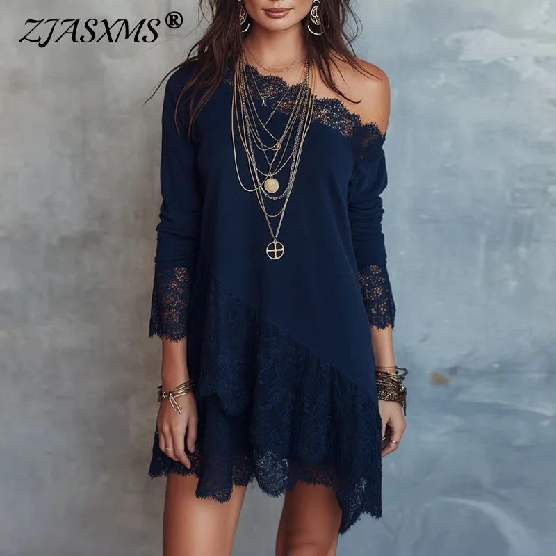 Vestido Boho para Mujer, Mini Vestido de Encaje con Hombros Descubiertos, Mangas Largas, Dobladillo Irregular, Estilo Patchwork, Casual, Holgado, Línea A, Vestido Vintage para Fiesta, Vestido Tipo Túnica