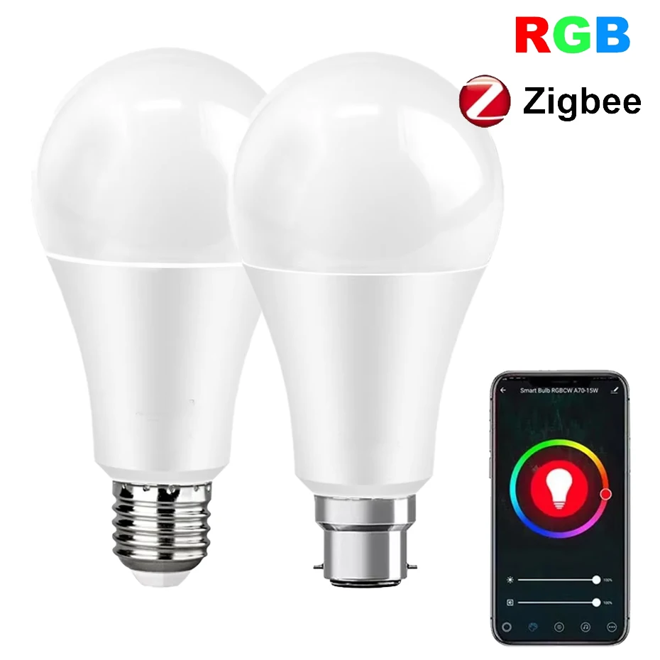 Smart Zigbee LED Light Bulb E27 B22 15W RGBW Color Changing Dimmable Compatible with Alexa Google Home Voice Control 110V/220V