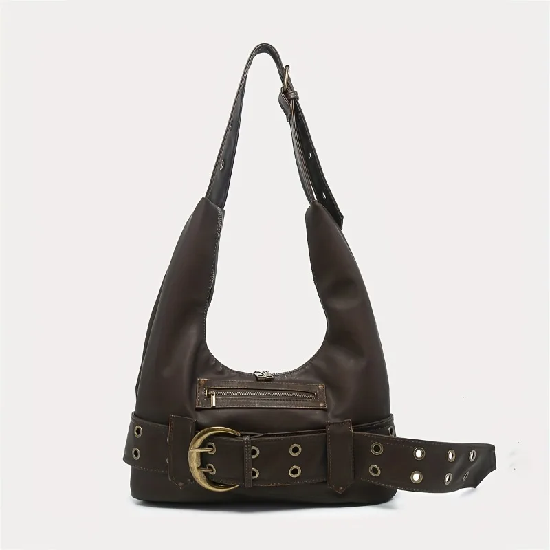 

Distressed Leather Look PU Bag with Belt Buckle Decor, Large Adjustable Strap - Vintage Y2K Hardcore Chic Shoulder Satchel