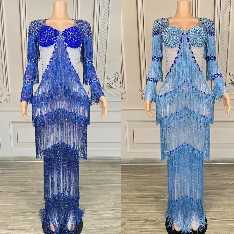 Blaue Diamant-Strasssteine mit Fransen, Abendkleider, Partykleider, Damen-Performance, Festival-Outfit, Bar, Nachtclub, Bühnenshow-Kostüm