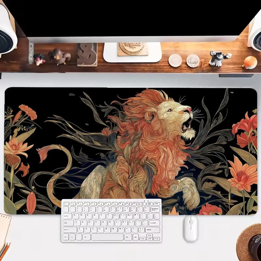 Gorgeous Red Gold Vintage Art Of Tigers Roaming Amid Blooming Flowers For Gaming Laptop Playmat