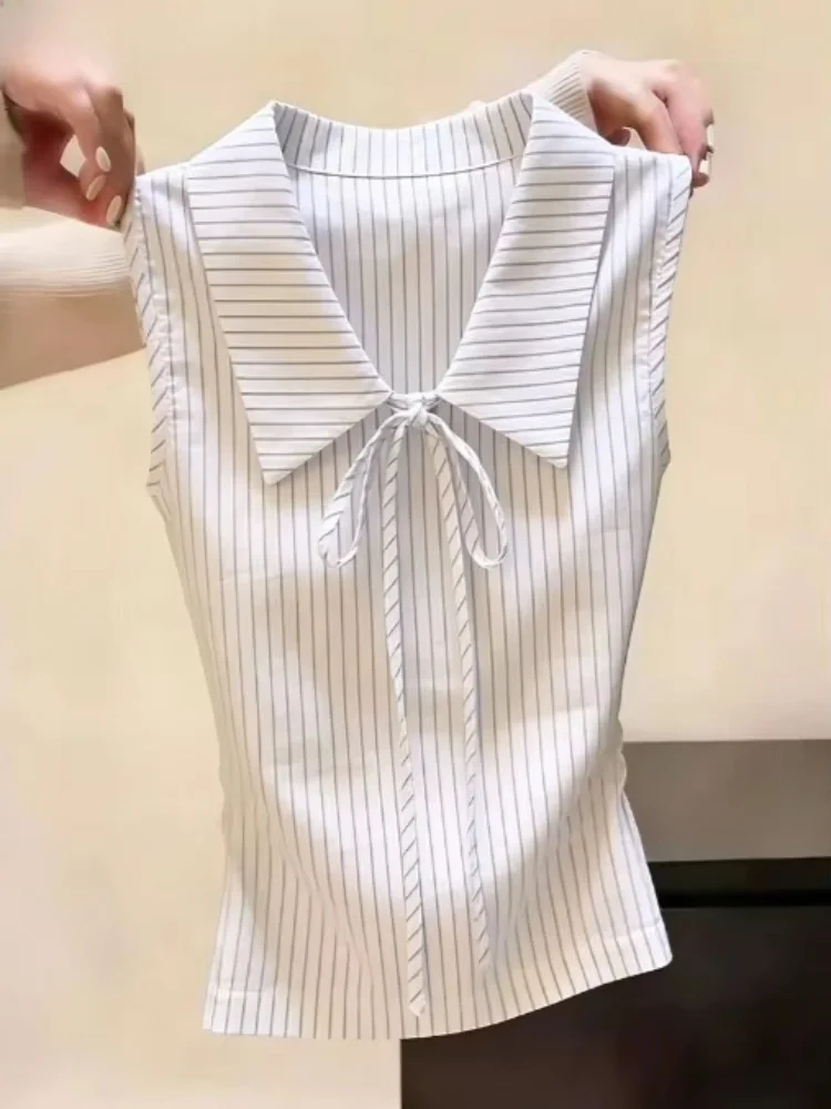 

Korean Chic Shirts 2026 Blusas Mujer De Moda Sleeveless Tunic Blouses Crop Tops Bandage Turndown Collar Striped Summer Blouse