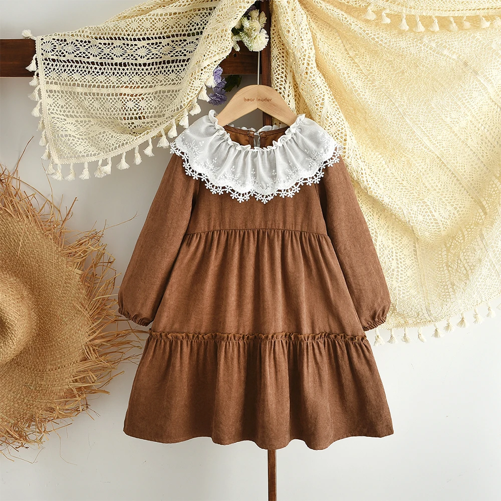Coffee Casual Lace Lapel Long Sleeved Dress for Girls Aged 3-7 Daily Wear Autumn and Winter