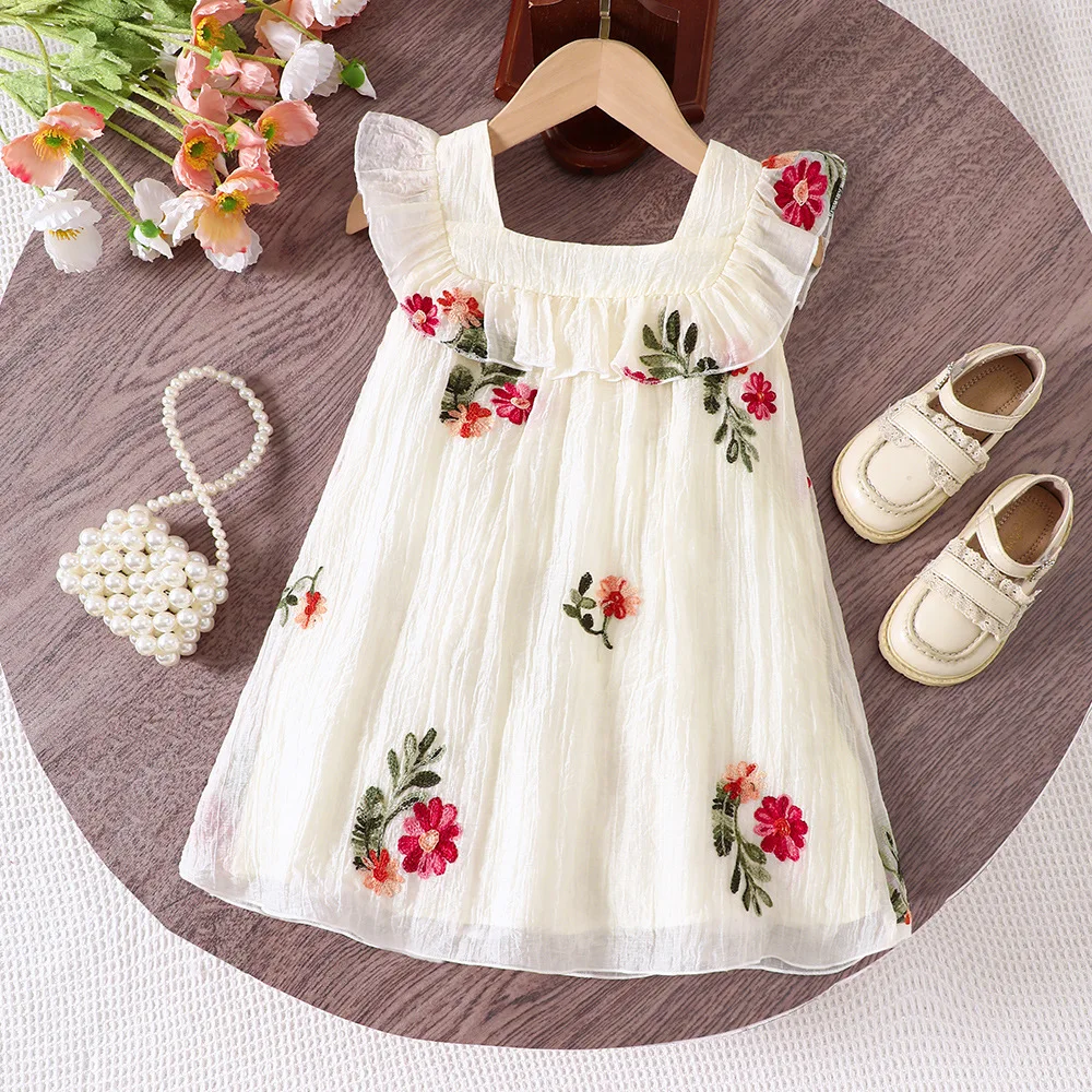 2025 New Arrival Girls Sleeveless Ruffles Embroidery Floral Apricot Cute Holiday Night Party Princess Dress Custume 2-7T