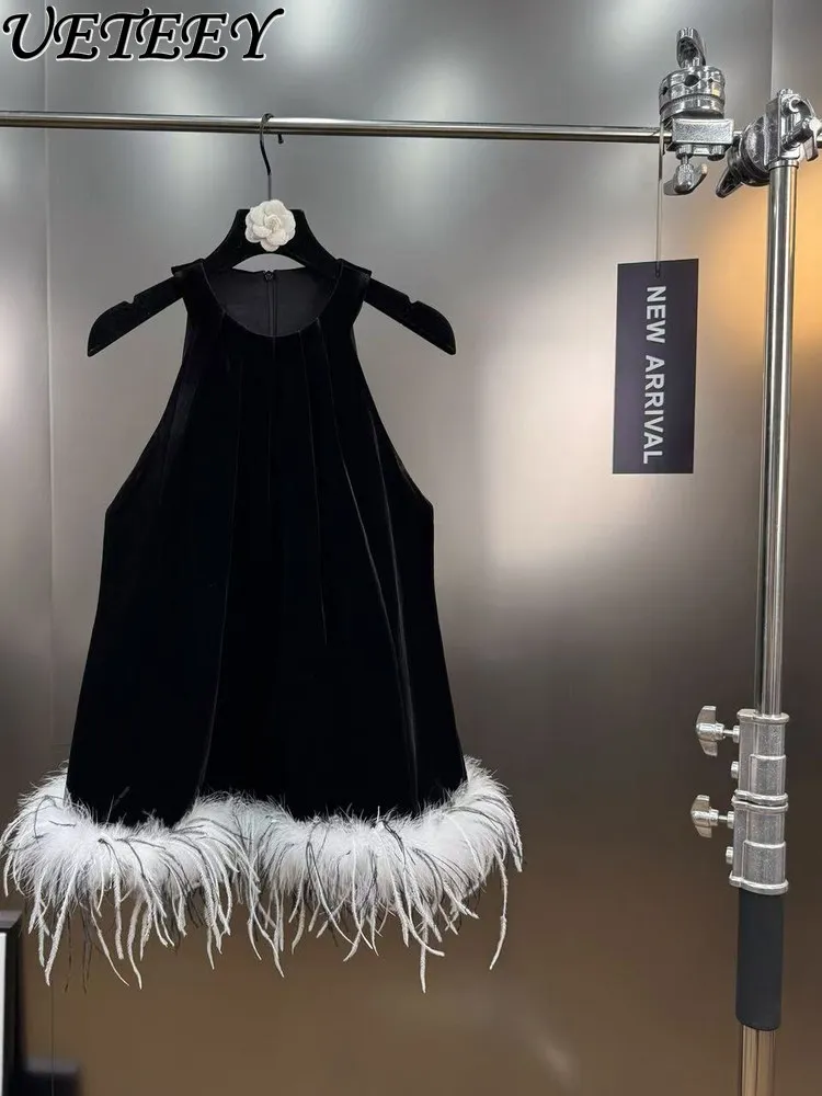 

Осенний новый элегантный ретро-стиль универсальный черный, белый цвет страусиных перьев в стиле пэчворк черные топы без рукавов трапециевидный бархатный жилет