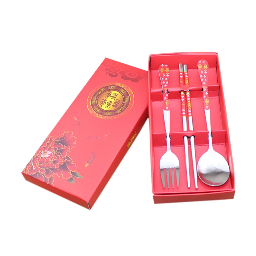 

3pcs Stainless Steel Chopsticks Fork Spoon Cutlery Set Portable Travel Tableware Red Peony Eco-Friendly Reusable For Outdoor
