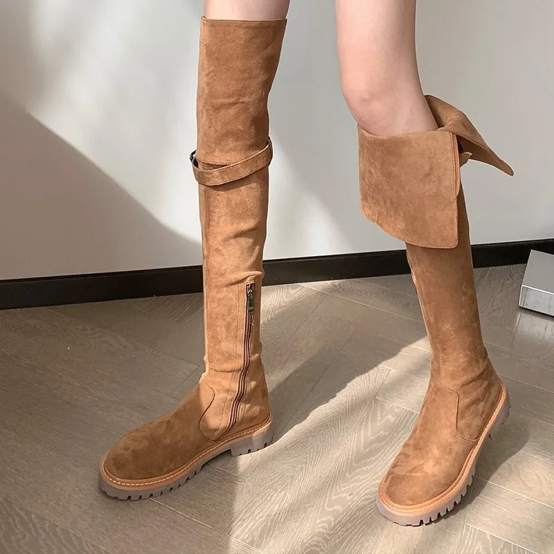 Over Knee High Boots Side Zippers Autumn Boot Simple Stretch Suede Shoes Warm Winter Boots With Buckle Modern Girls Fashin Shoes