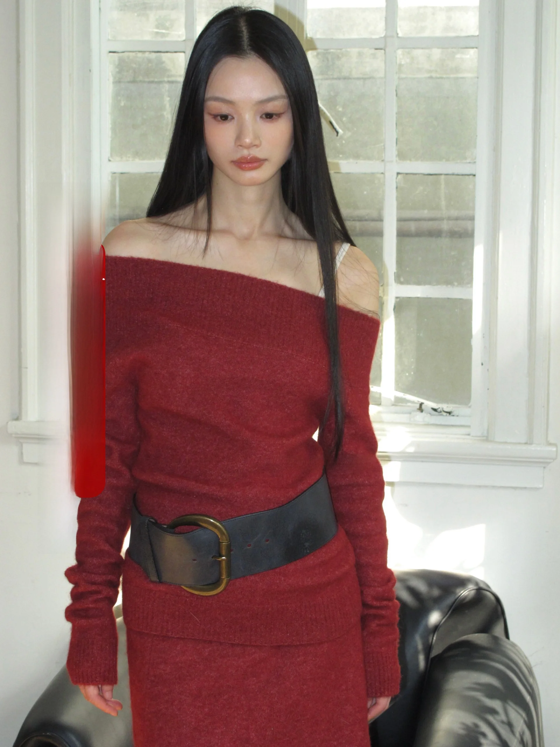 

RojoOscuro Vintage Style Soft Shoulder Slope Sweater Burgundy Woolen Knitted Long Sleeve Warm Casual Women's Top