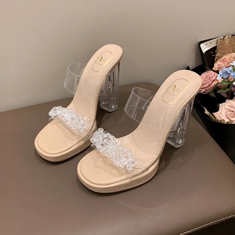 شباشب شفافة أحذية بكعب عالي سيدة كعب مربع بريق الشرائح شباشب على الموضة النساء الصنادل الفاخرة عالية الكعب #3