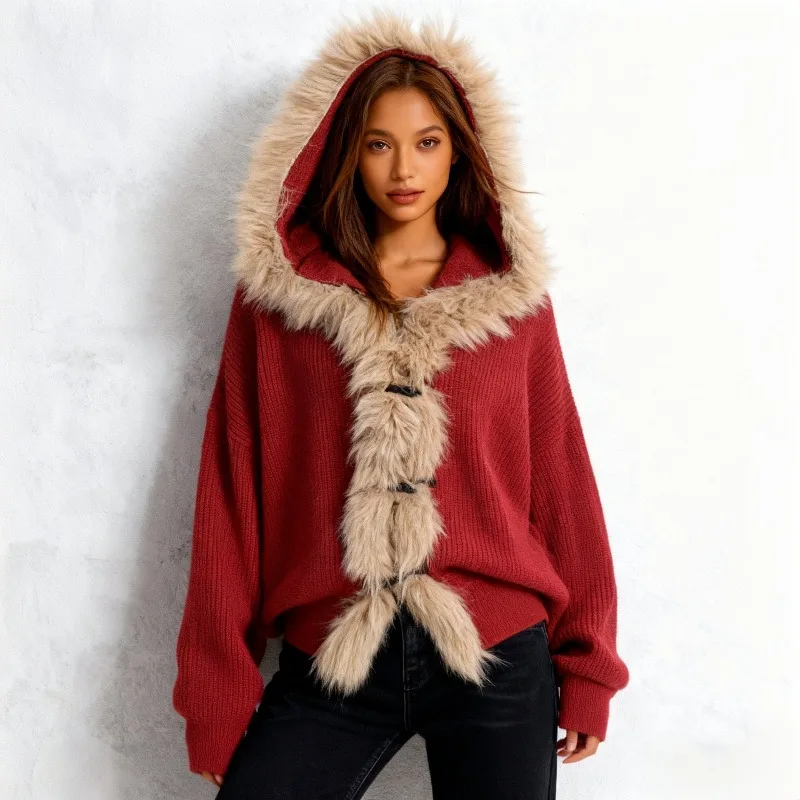 

Faux Fur Collar Hooded Sweater Women Elegant Knitted Jackets Loose Autumn Winter Cardigans Fashion Knitting Outerwears Women