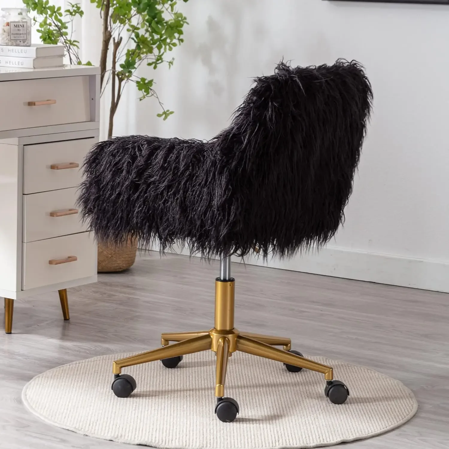 Fluffy Office Desk Chair, Faux Fur Swivel Armchair with Wheels, Soft Comfy Fuzzy Elegant Accent Makeup Vanity Chair for Girls