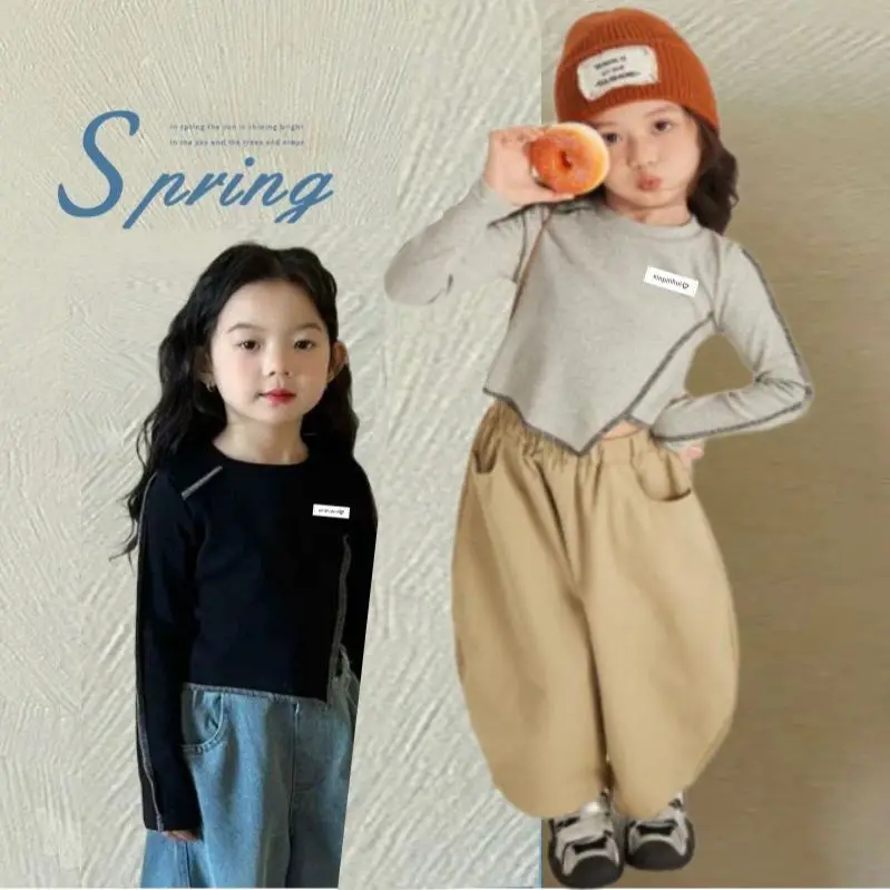 

Girls Spring and Autumn Knitted Base Long Sleeve T-shirt 2025 New Irregular Personalized Top Versatile T-shirts