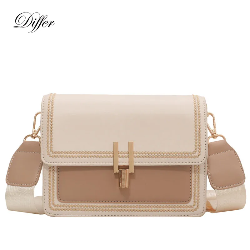 NEW Wide Strap Crossbody Bag for Women Contrast Color PU Leather Messenger Bag Small Square Luxury Designer Female Shoulder Bag