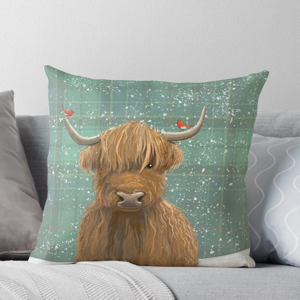 

Scottish Highland Cow Winter Robins Tartan Throw Pillow Sofa Pillow Cover Cushion Cover christmas pillow case Sofa Covers