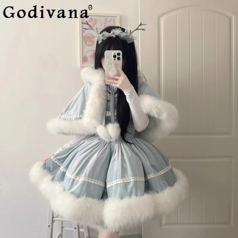 

Lolita Original Winter Two Piece Dress Set Women New Year Christmas Dress and Cape Set Female Lolita Velvet Sleeve Dress Suits