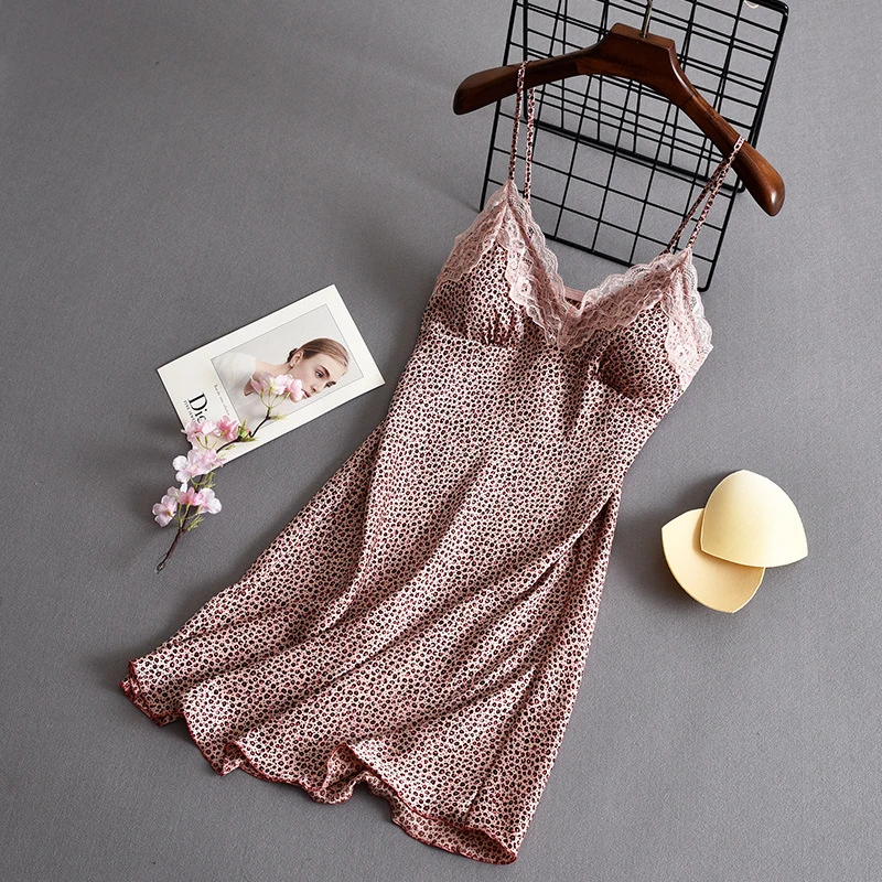 Leopard Print Camisole Nightdress For Women, Summer And Autumn Thin Sexy Silk Short Dress With Chest Pads, Lace Ice Pajamas