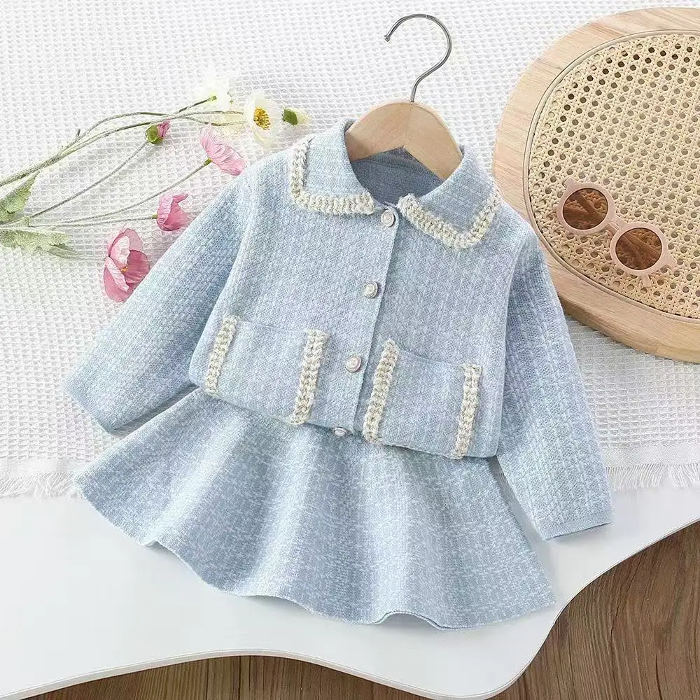 Sweet Blue Girls' Clothing Autumn Winter Long Sleeved Pocket Lapel Jacket+Short Skirt Red New Year's Kids Clothes 90-130CM