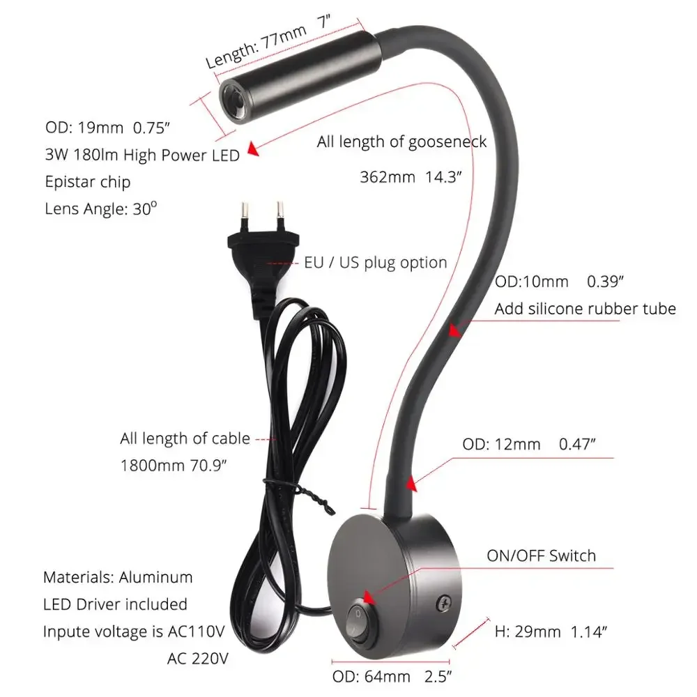 Imagem -06 - Lâmpada Led Spot Noturna de Cabeceira Lâmpada de Livro Luz Noturna Cabeceira Trabalhando Leitura Estudo Arandelas eu us Plug Cord 3w