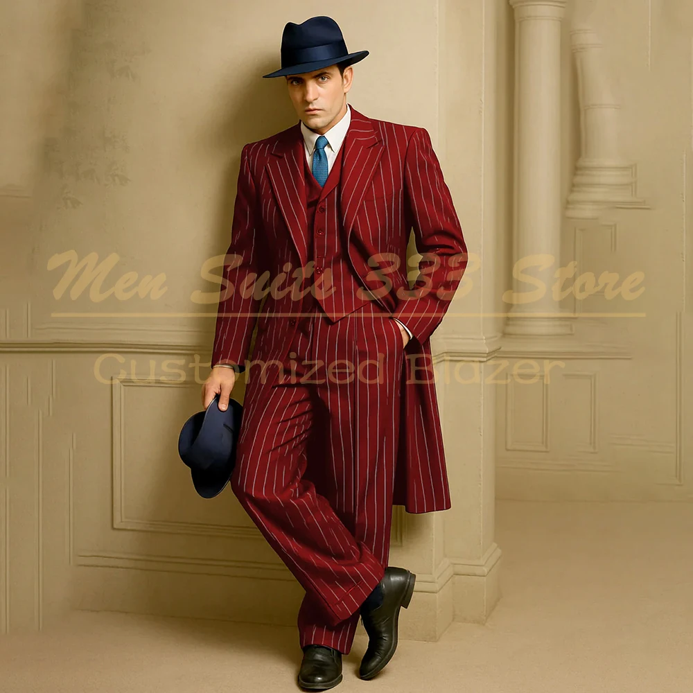 Bespoke Men's Suits Red Pinstripe Long Blazer Formal Party Single Breasted Peak Lapel 3 Piece Jacket Pants Vest Male Clothing