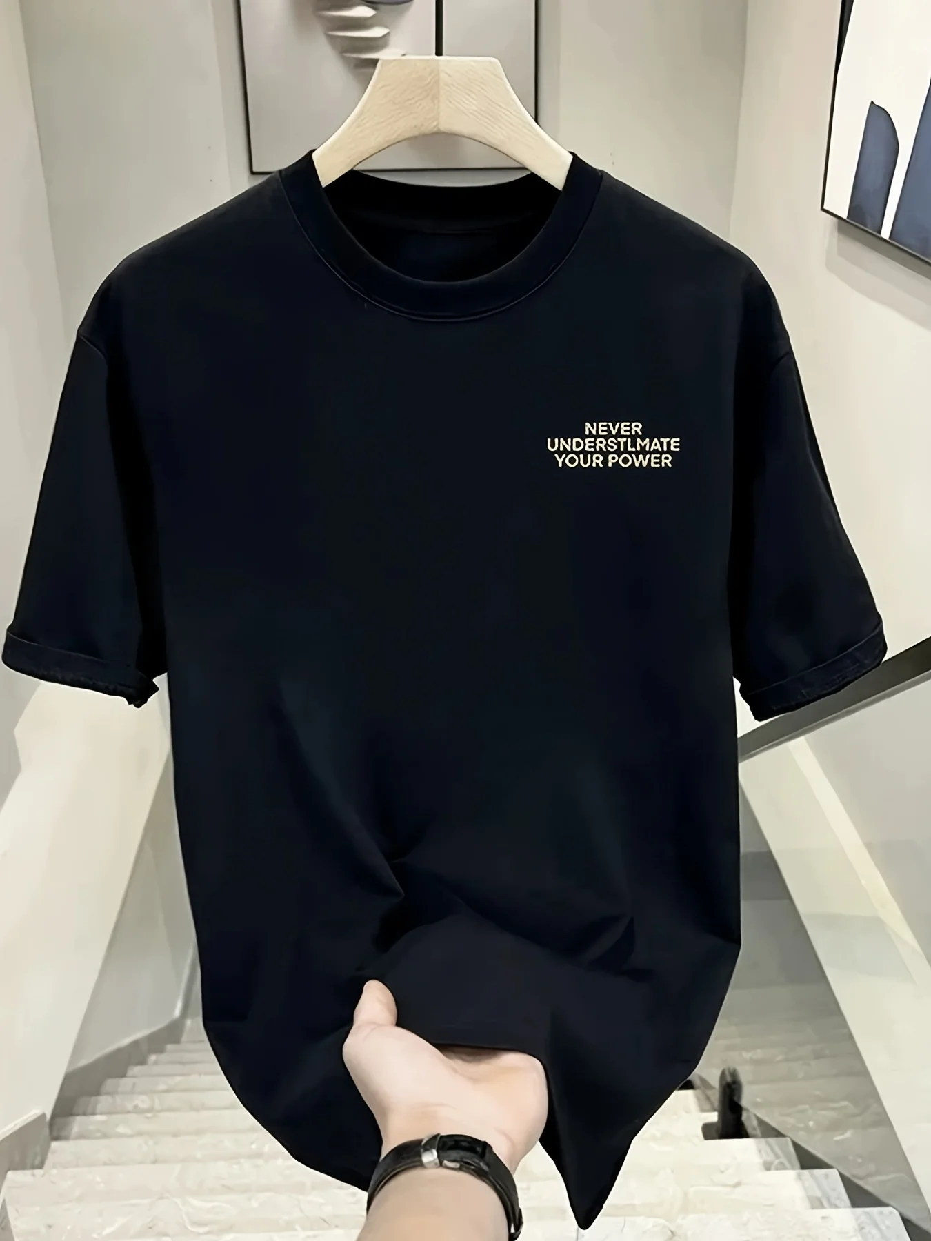 Casual Short-sleeved Men T-shirt, Featuring A Beautiful White Pattern and The Slogan 