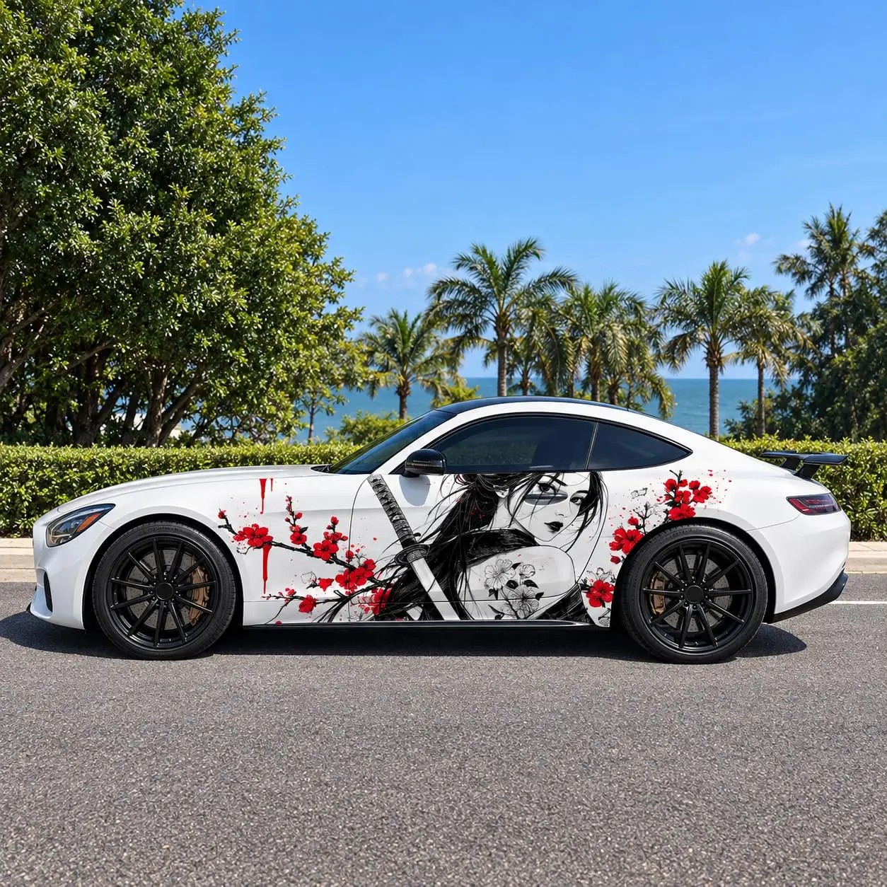 Samurai Girl Cherry Blossom Car Side Vinyl Wrap Decal