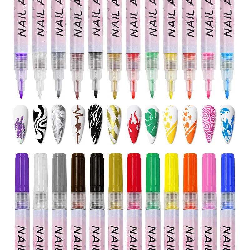 12Pcs/Set Colourful Waterproof Nail Art Graffiti Pen DIY 3D Nail Art Drawing Pen Abstract Line Manicure Tool Painting Liner'\][;