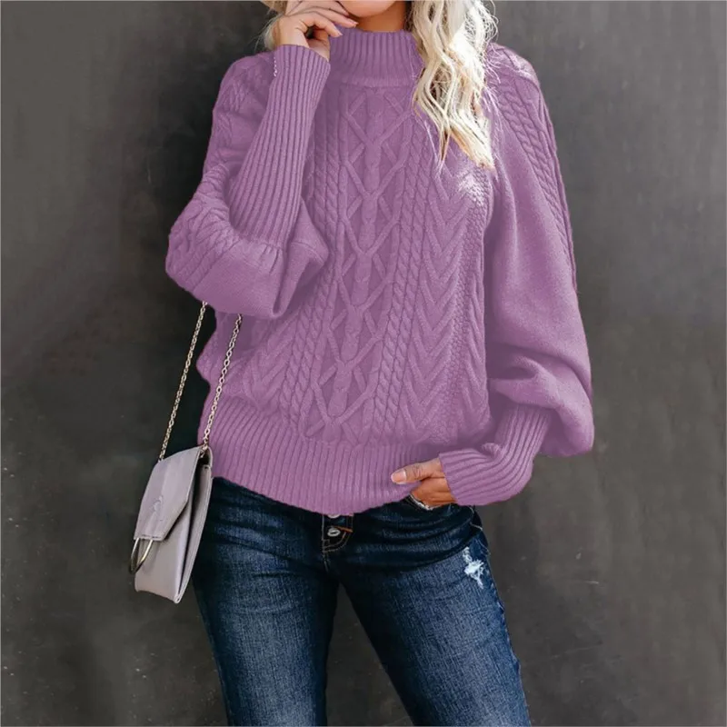 

Winter New Mid Neck Sweater Women's Loose Long Sleeved Knitted Pullover Sweater Round Neck Lantern Sleeve Splicing Simple Style