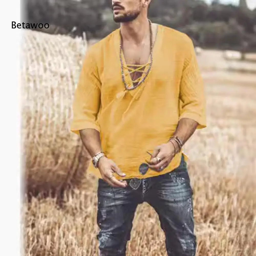 Stylish Men Three Quarter Sleeve Shirt V Neck Lace Up Detail Loose Fit Top For Dating Party And Weekend Outdoor Events