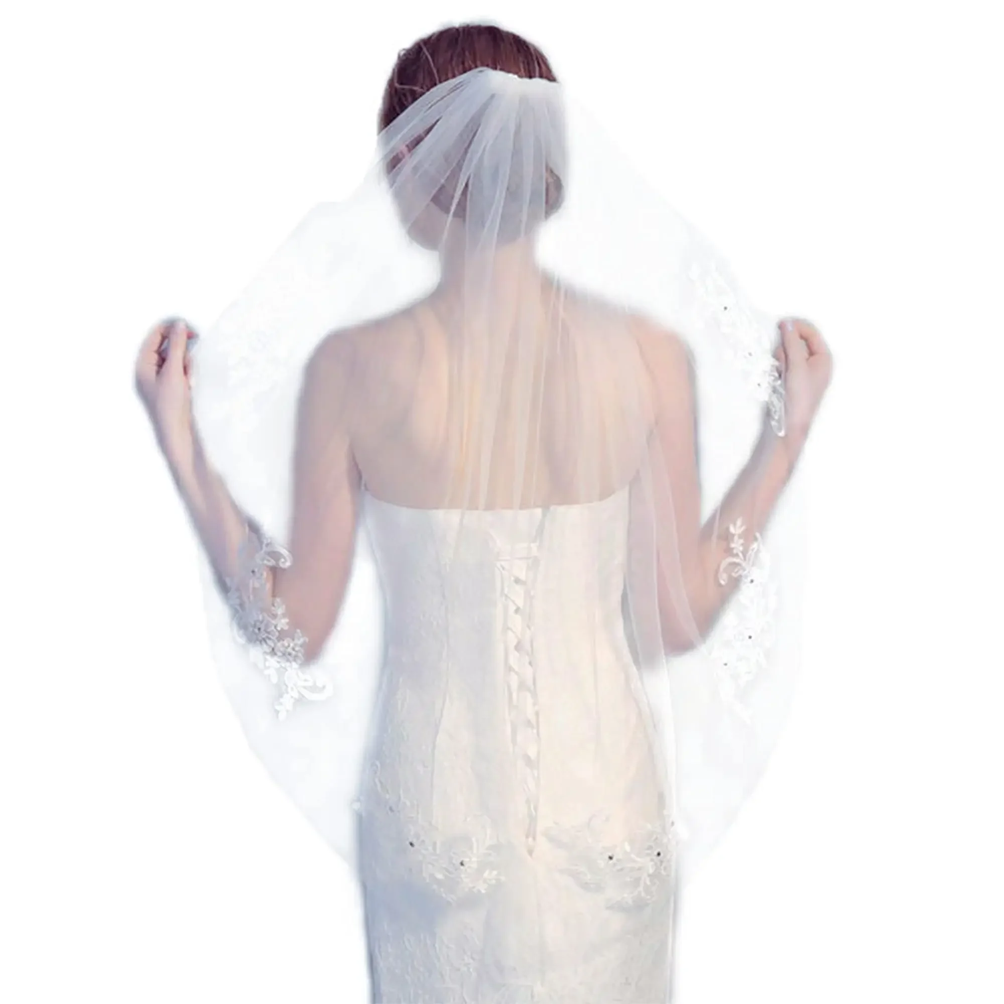 Bridal Lace Embroidery Hollow Out Flower White Ivory Veil Drop Wedding Hair Comb Crystal Beads Wide Lace Veil Chapel