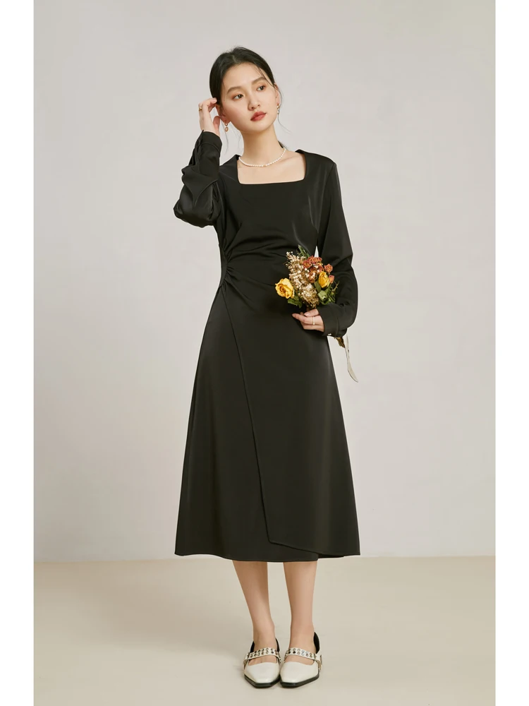 ZIQIAO Square Neck Women Temperament Long Sleeve Dress Pleated Waist Design Ladies Spring Mid-Length Dress Black A-LINE Skirts