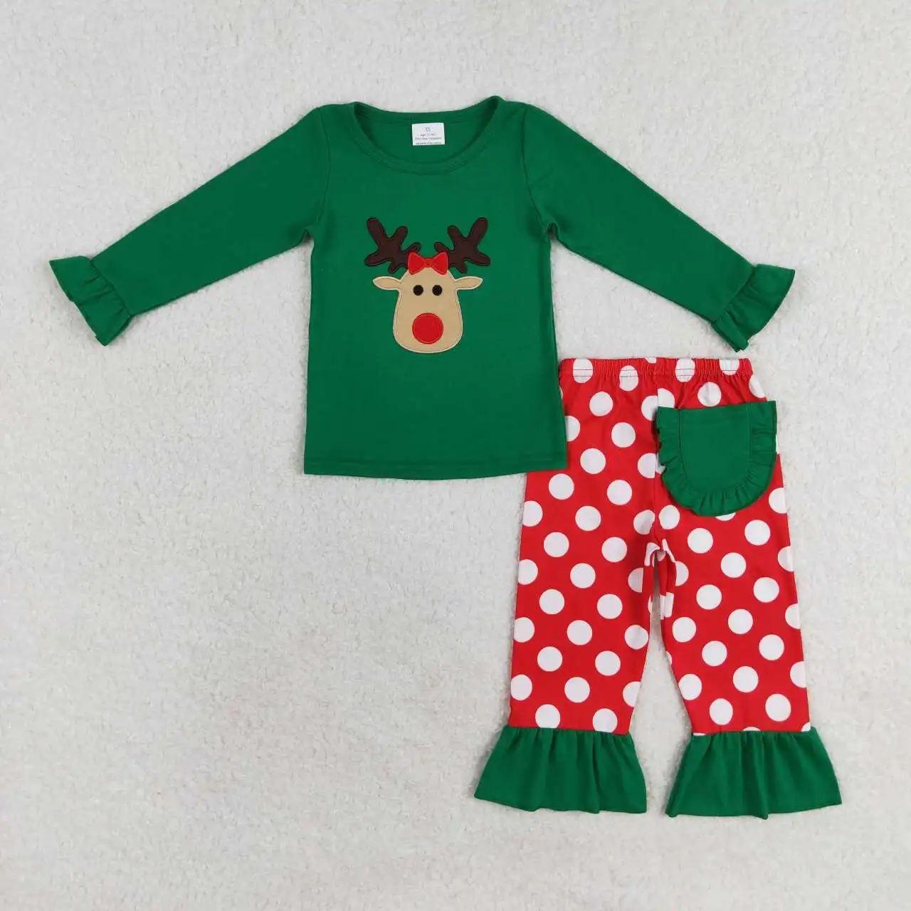 

Boutique wholesale Toddler girls Christmas deer pajamas Clothing Kids long Sleeves Sets Children green pocket sleepwear outfits