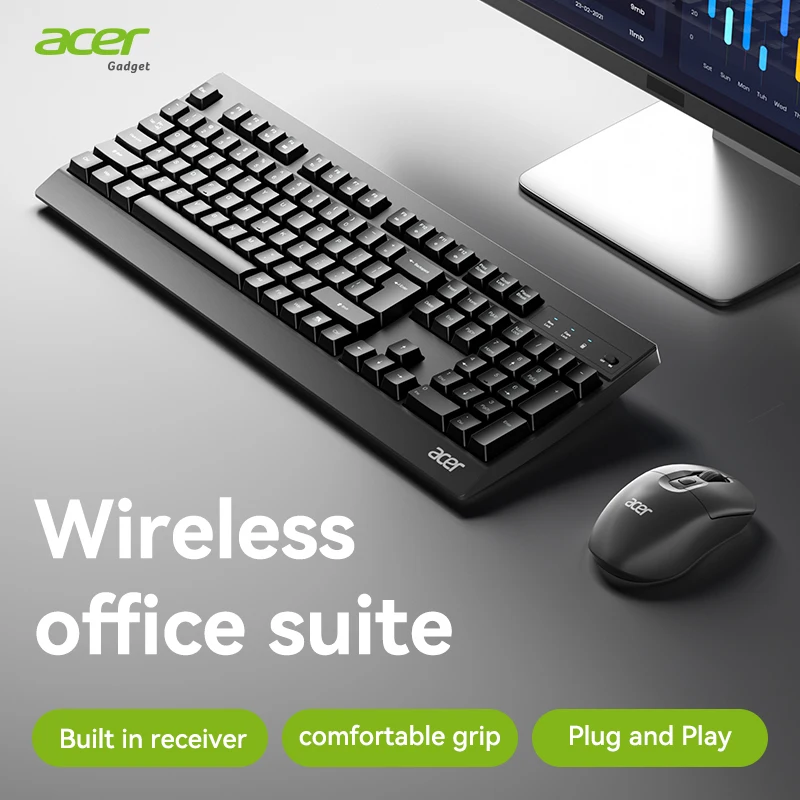 Acer OCC318 2.4G Wireless Keyboard Mouse Combo Full Size 104 Keys Ergonomic Wave Layout USB Receiver PC Laptop Windows Mac Andro