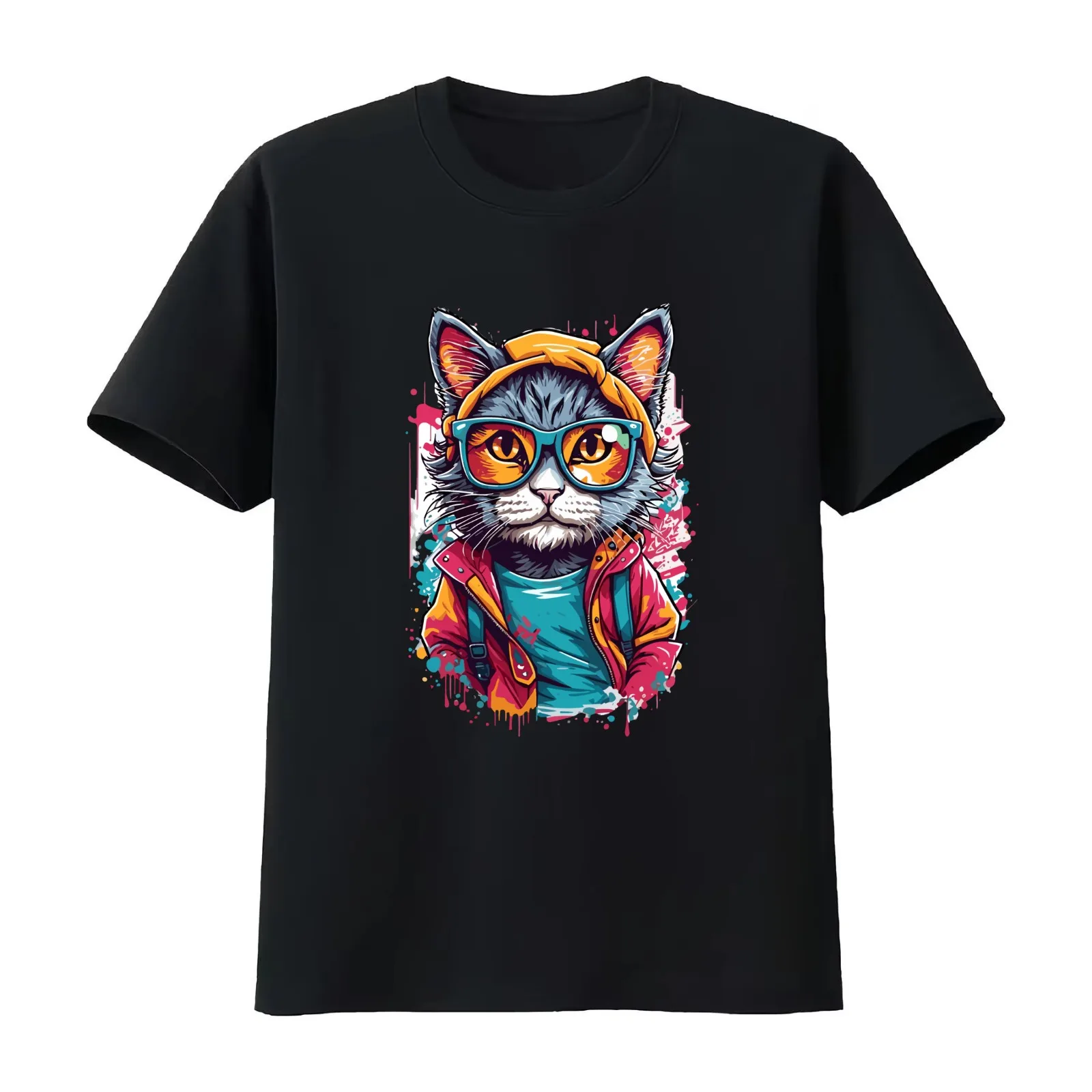 Camiseta divertida com estampa de gato, ideal para o verão, de algodão, estilo casual, corte folgado, para uso urbano, com estampa gráfica vintage, un
